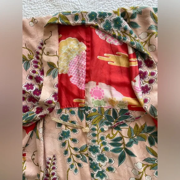 Vintage 👘 Silk Floral Kimono Robe Peach Pink Green Cherry blossom 🌸 OS - Picture 7 of 10